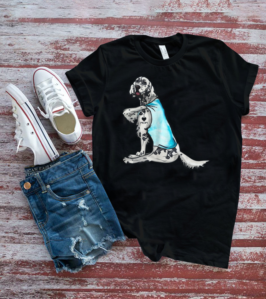 English Setter With I Love Mom Tattoo And Blue Bandana T-Shirt