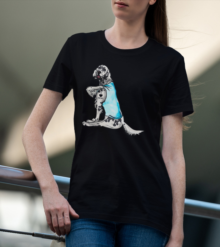 English Setter With I Love Mom Tattoo And Blue Bandana T-Shirt