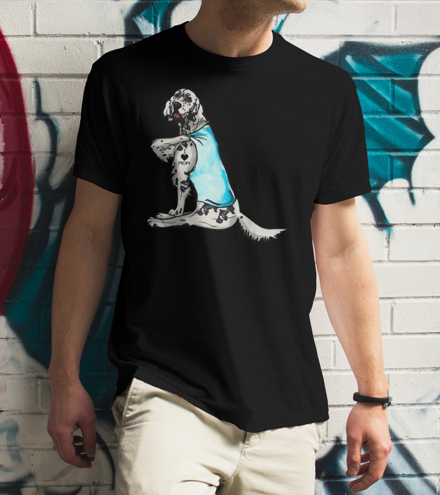 English Setter With I Love Mom Tattoo And Blue Bandana T-Shirt