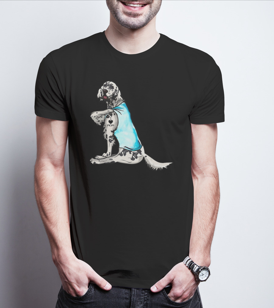 English Setter With I Love Mom Tattoo And Blue Bandana T-Shirt