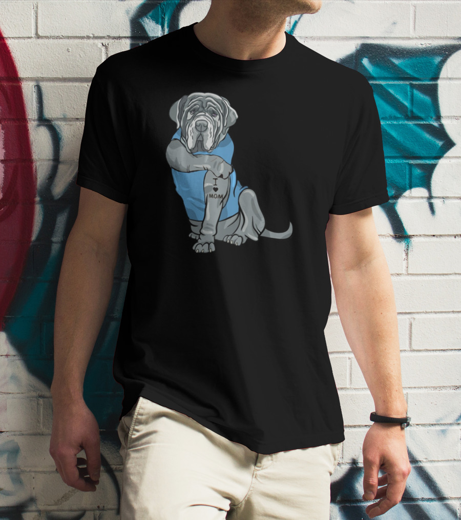 Neapolitan Mastiff I Love Mom Tattoo Dog Wearing Blue T-Shirt