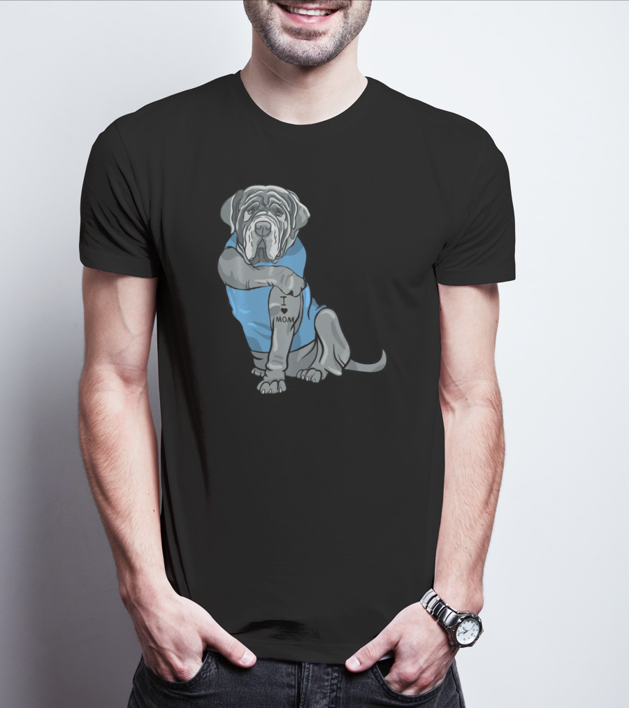 Neapolitan Mastiff I Love Mom Tattoo Dog Wearing Blue T-Shirt