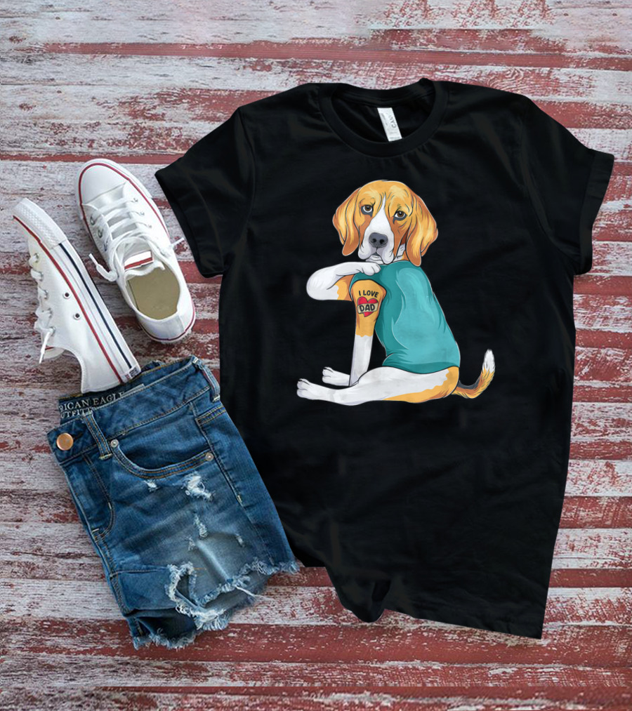 Father's Day Beagle I Love Dad Tattoo Dog Wearing T-Shirt