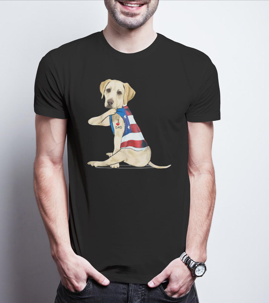 Labrador Retriever I Love Dad American Flag Dog Tattoo T-Shirt