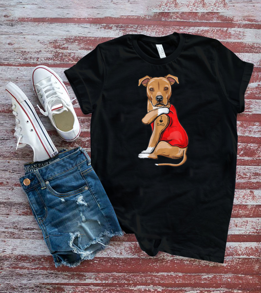 Staffordshire Terrier I Love Dad Tattoo Dog In Red T-Shirt