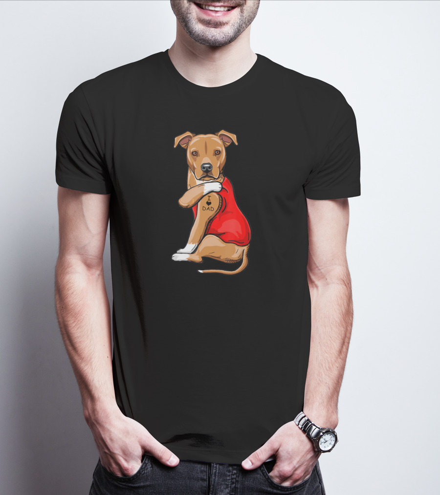 Staffordshire Terrier I Love Dad Tattoo Dog In Red T-Shirt