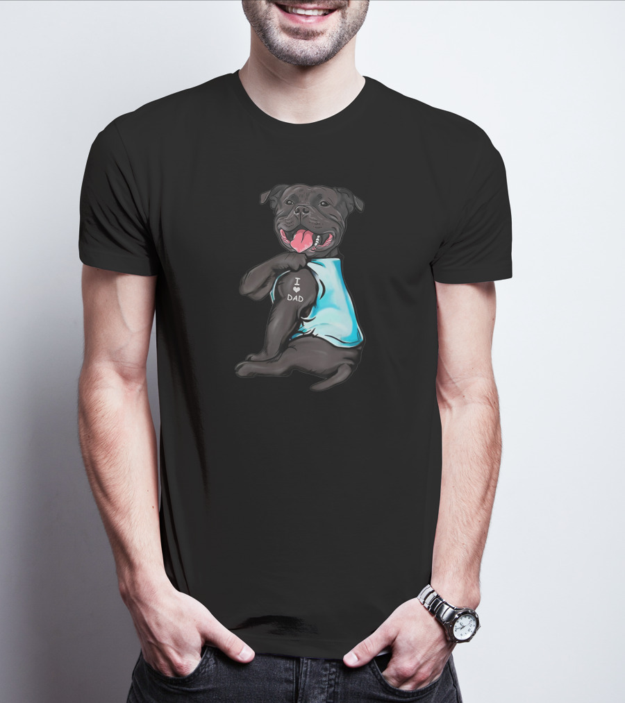 Staffordshire Bull Terrier I Love Dad Dog Blue T-Shirt