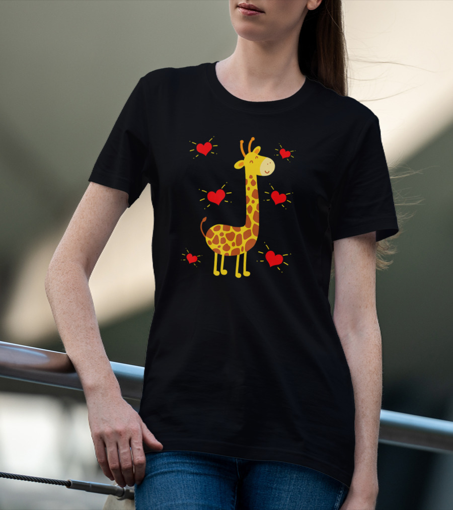 Giraffe Lover Heart Zookeeper With Cute Giraffe Surrounded By Red Hearts T-Shirt