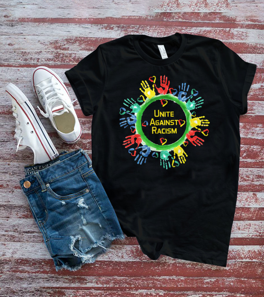 Unite Against Racism Colorful Handprints Circle With Hearts T-Shirt