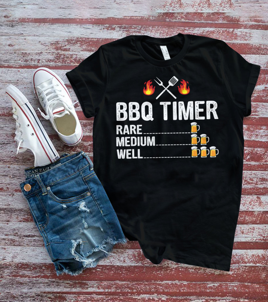 BBQ Timer Rare Medium Well Beer Flames Fork Spatula Mugs T-Shirt