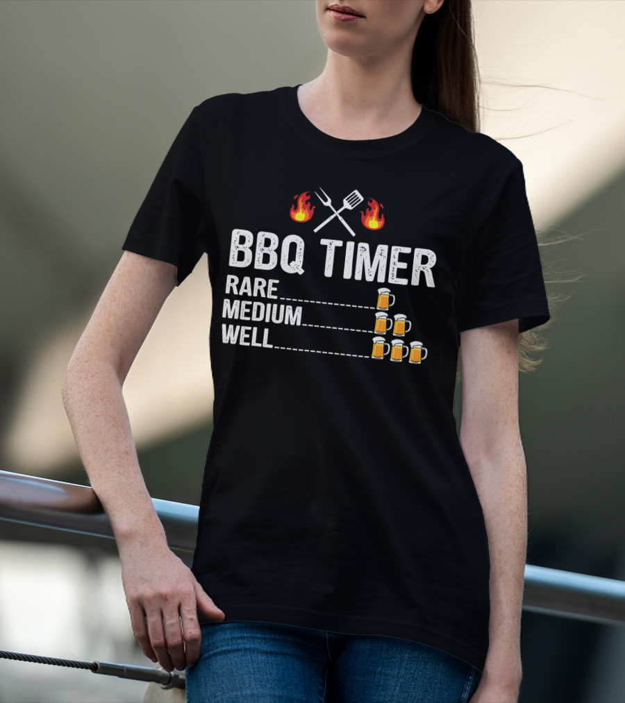 BBQ Timer Rare Medium Well Beer Flames Fork Spatula Mugs T-Shirt