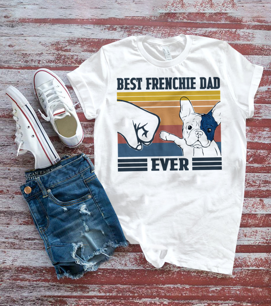 Best Frenchie Dad Ever Fist Bump Retro Stripes Dog Punch Paw Puppy T-Shirt