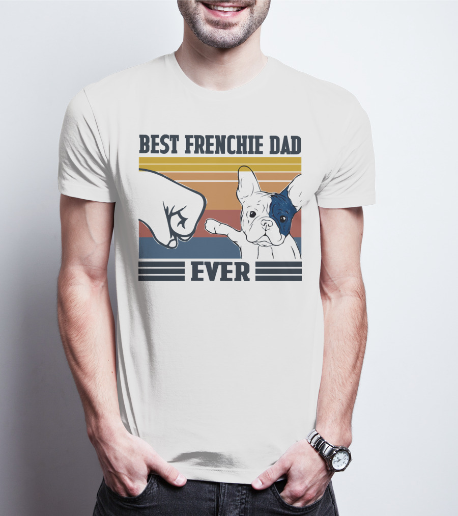 Best Frenchie Dad Ever Fist Bump Retro Stripes Dog Punch Paw Puppy T-Shirt