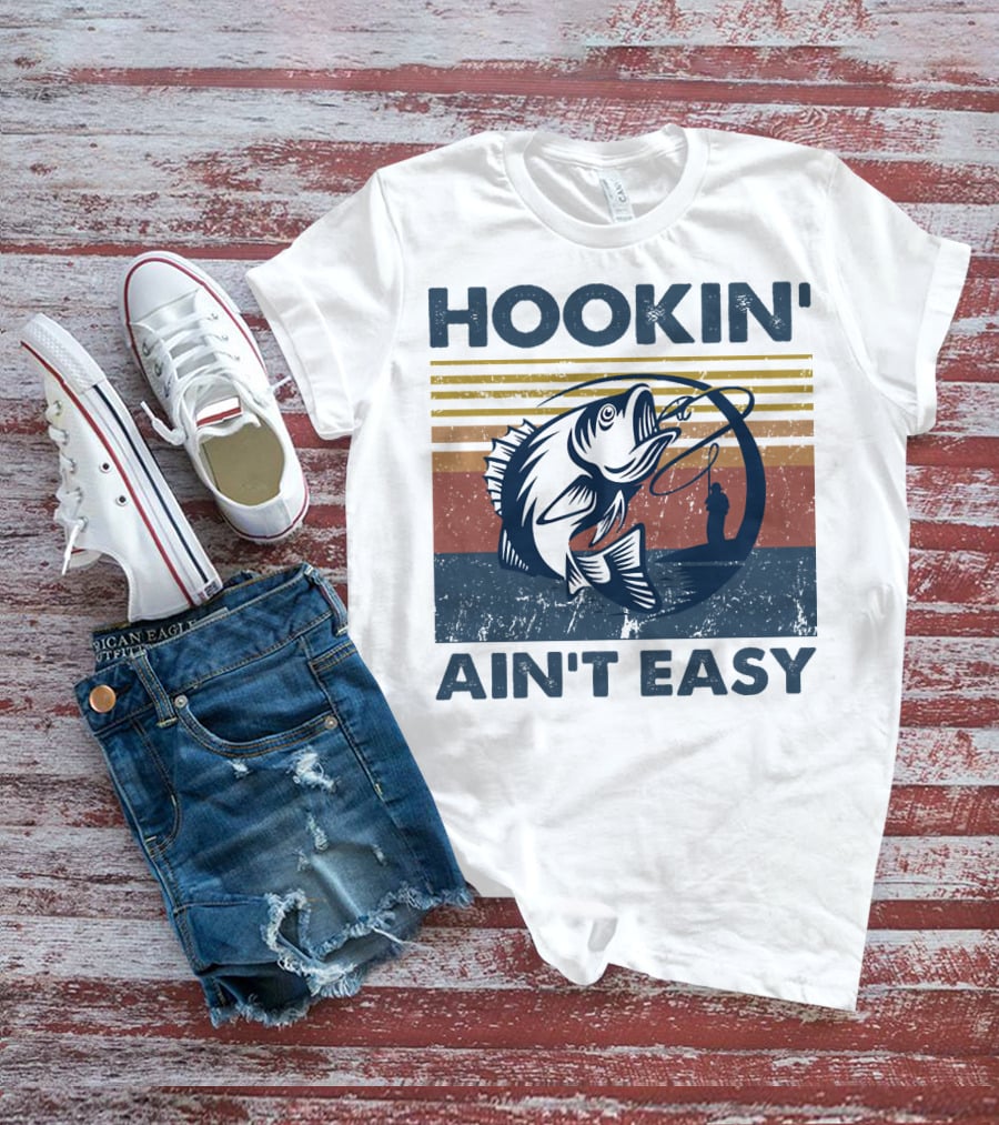 Hookin' Ain't Easy Vintage Fishing Graphic With Striped Sunset And Angler T-Shirt