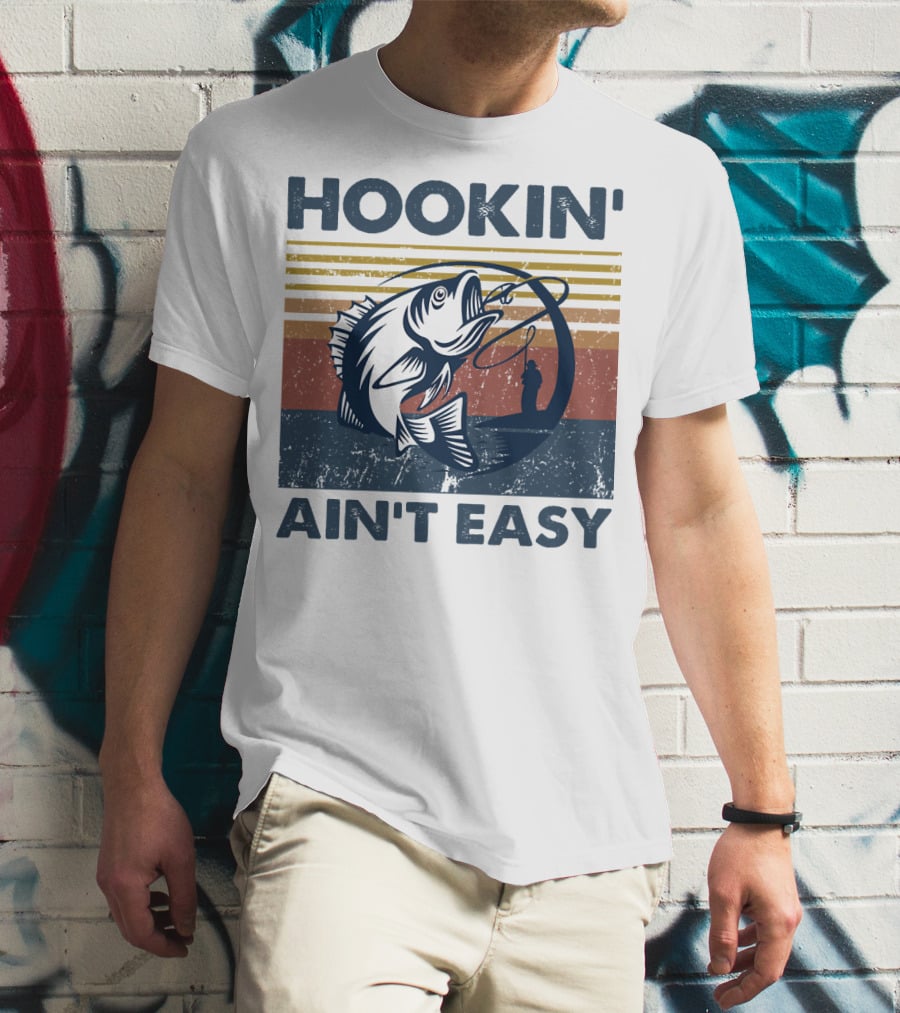 Hookin' Ain't Easy Vintage Fishing Graphic With Striped Sunset And Angler T-Shirt