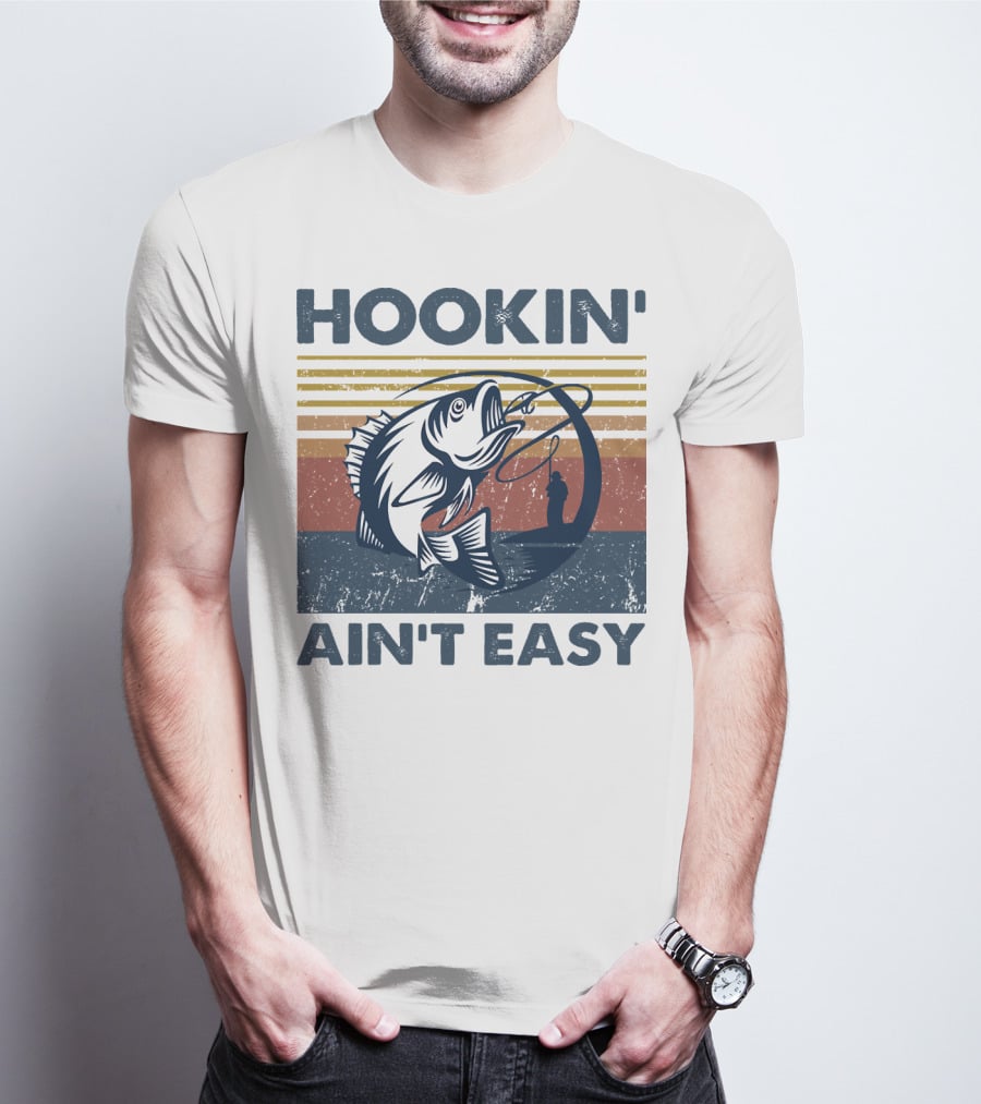 Hookin' Ain't Easy Vintage Fishing Graphic With Striped Sunset And Angler T-Shirt