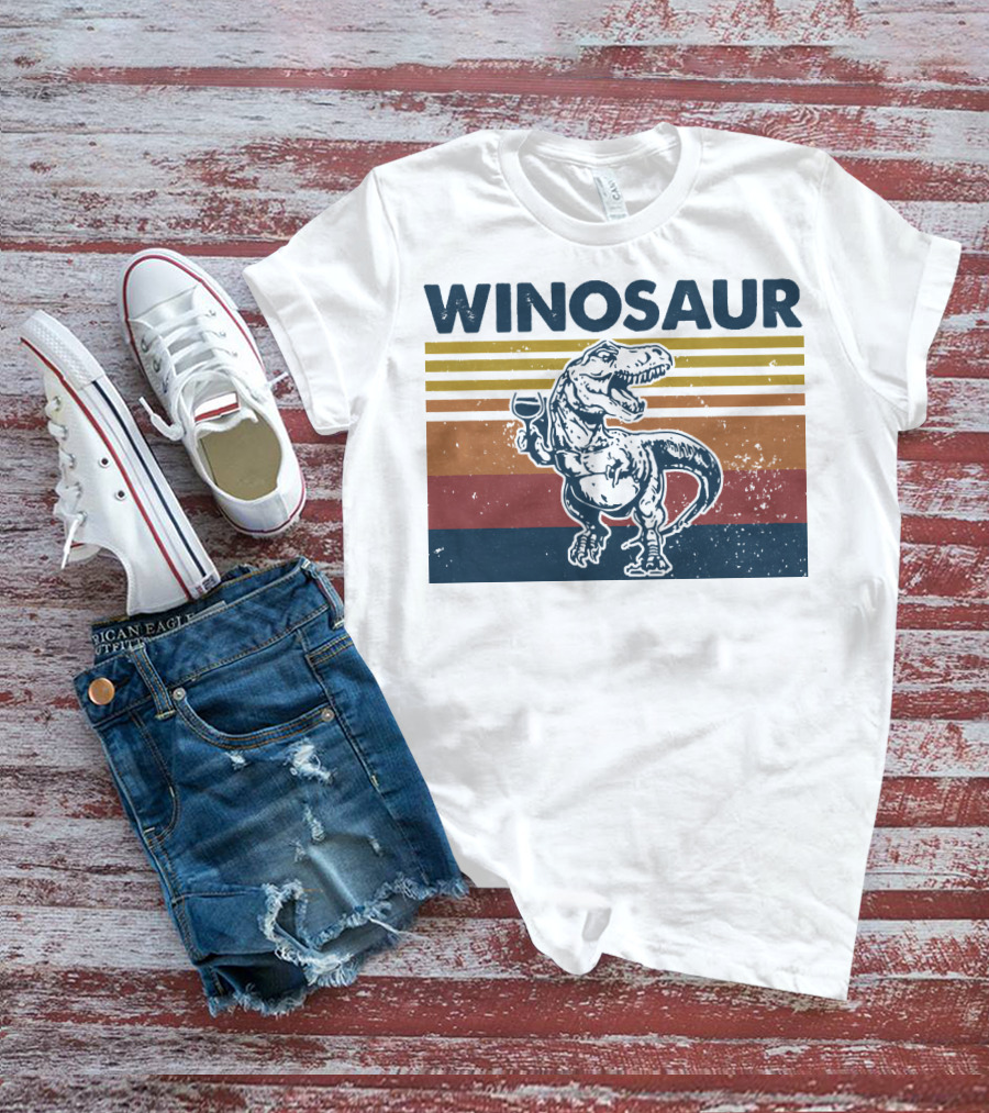 Winosaur Dinosaur With Wine Glass Retro Stripes T-Shirt