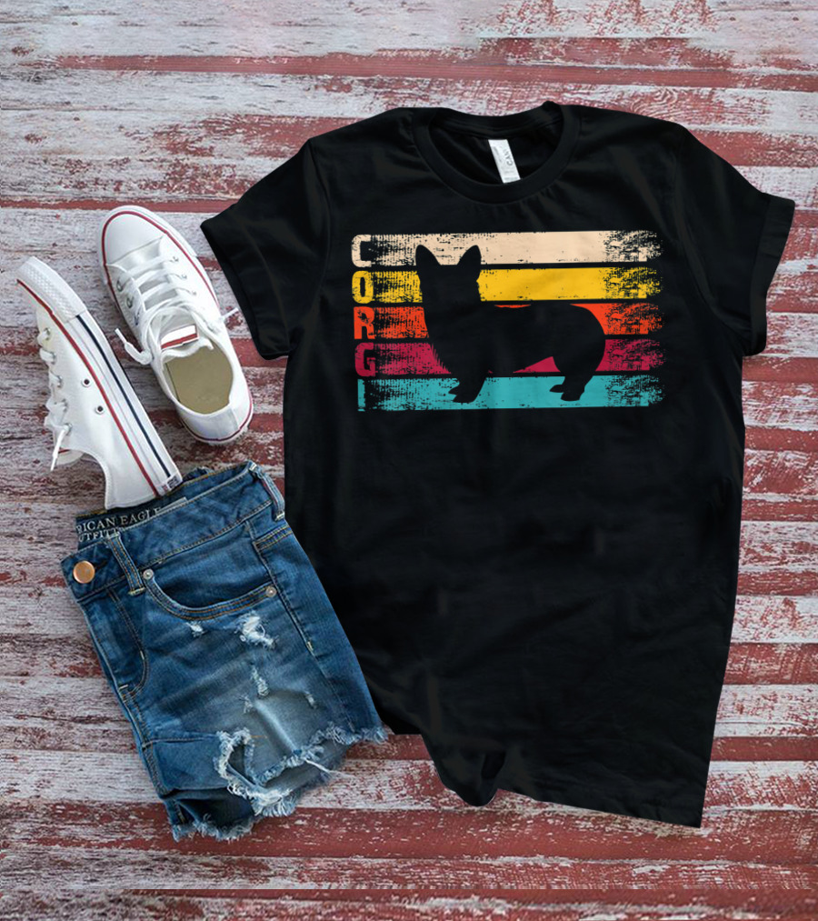 Distressed Vintage Corgi Silhouette Retro Stripes T-Shirt