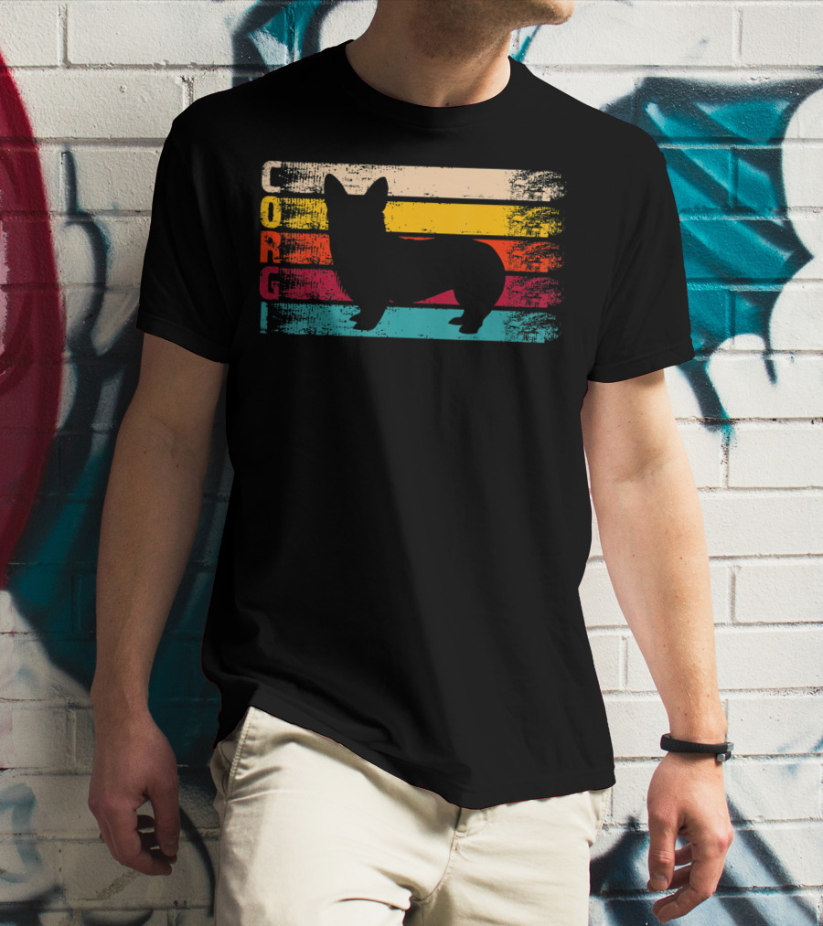 Distressed Vintage Corgi Silhouette Retro Stripes T-Shirt