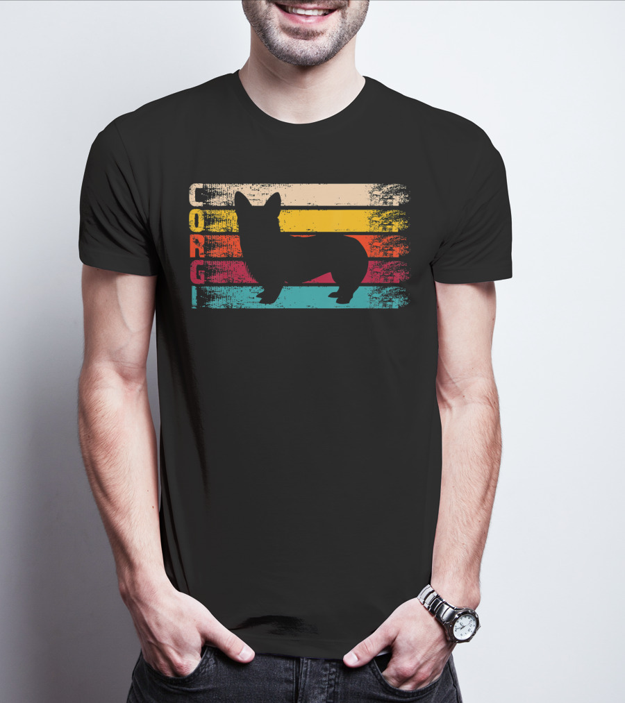 Distressed Vintage Corgi Silhouette Retro Stripes T-Shirt