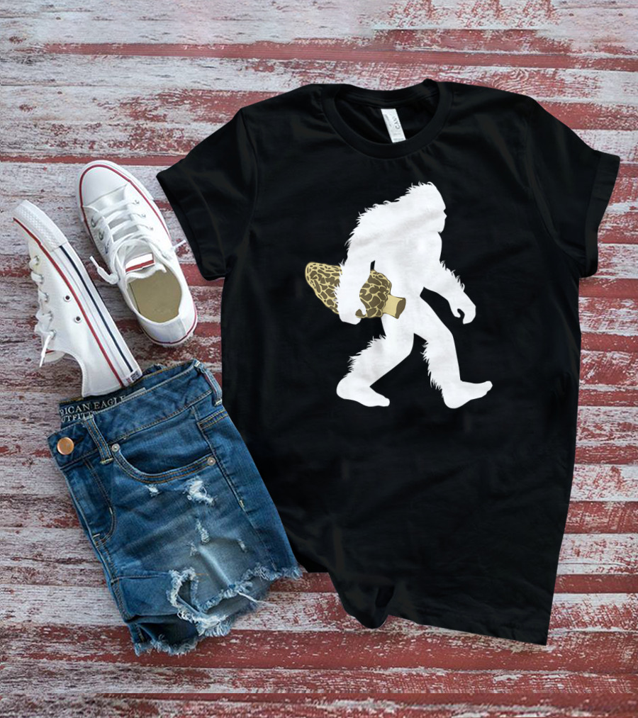 Bigfoot Silhouette Carrying Morel Mushroom T-Shirt