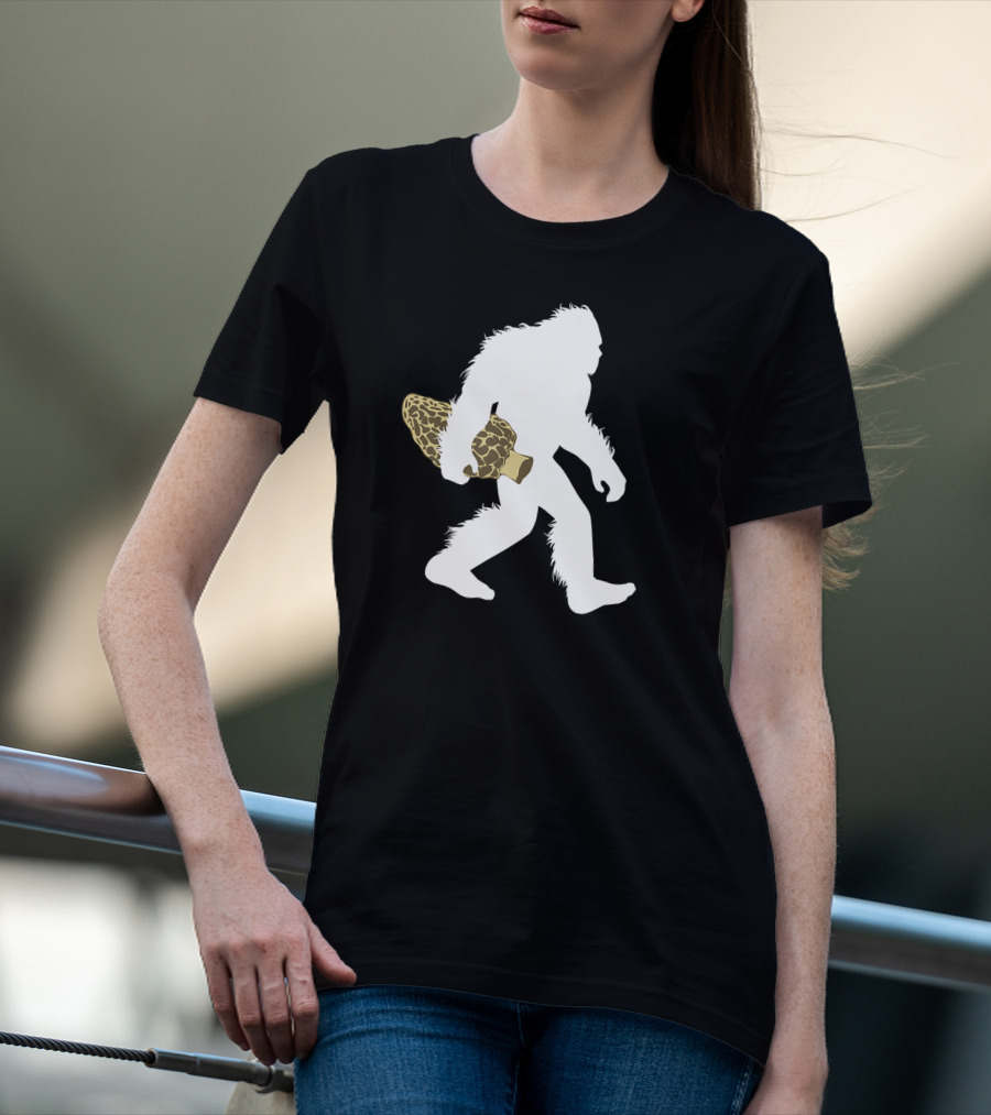 Bigfoot Silhouette Carrying Morel Mushroom T-Shirt