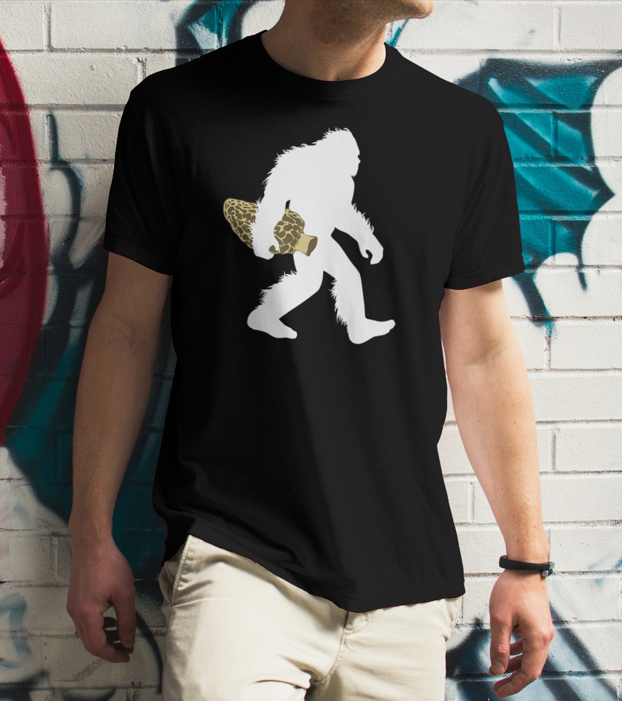 Bigfoot Silhouette Carrying Morel Mushroom T-Shirt