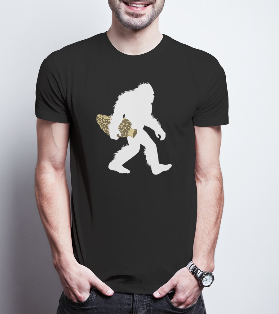 Bigfoot Silhouette Carrying Morel Mushroom T-Shirt