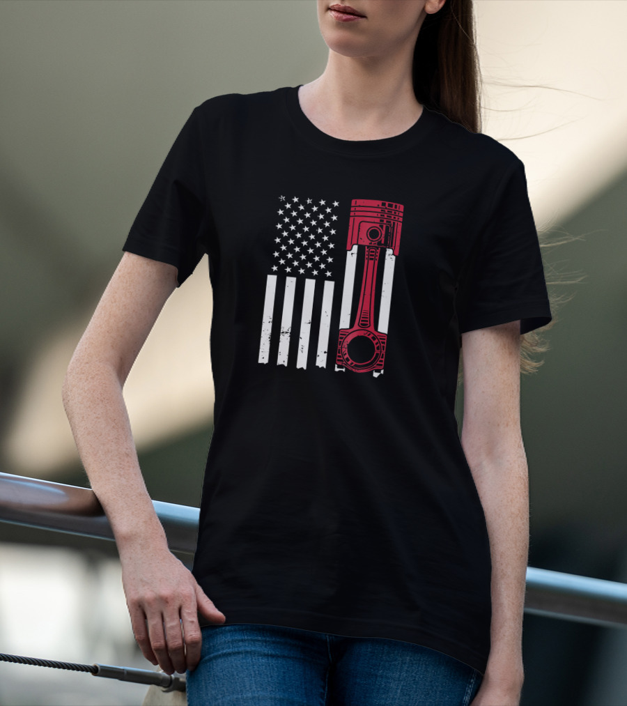 American Flag Piston Car Enthusiast Muscle T-Shirt