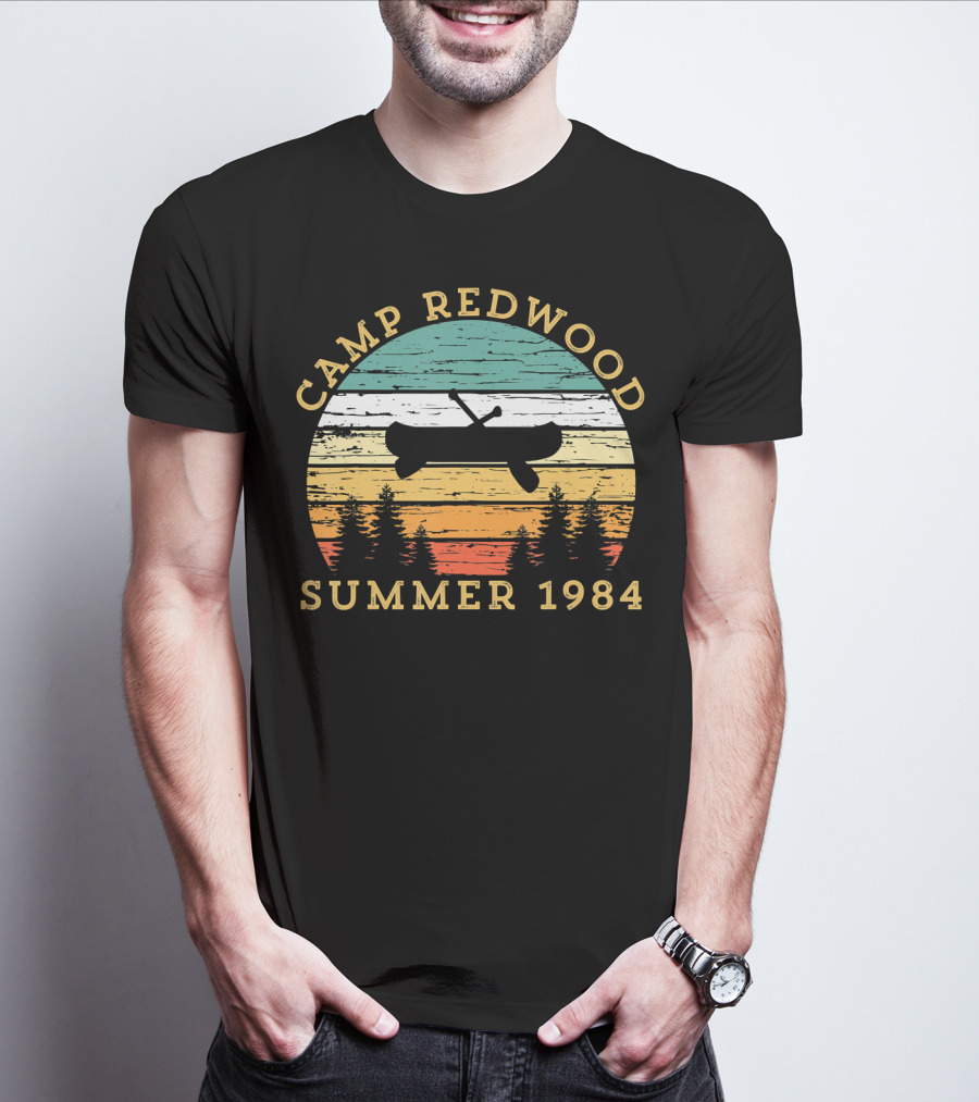 Camp Redwood Summer 1984 Retro Vintage Canoe And Trees T-Shirt