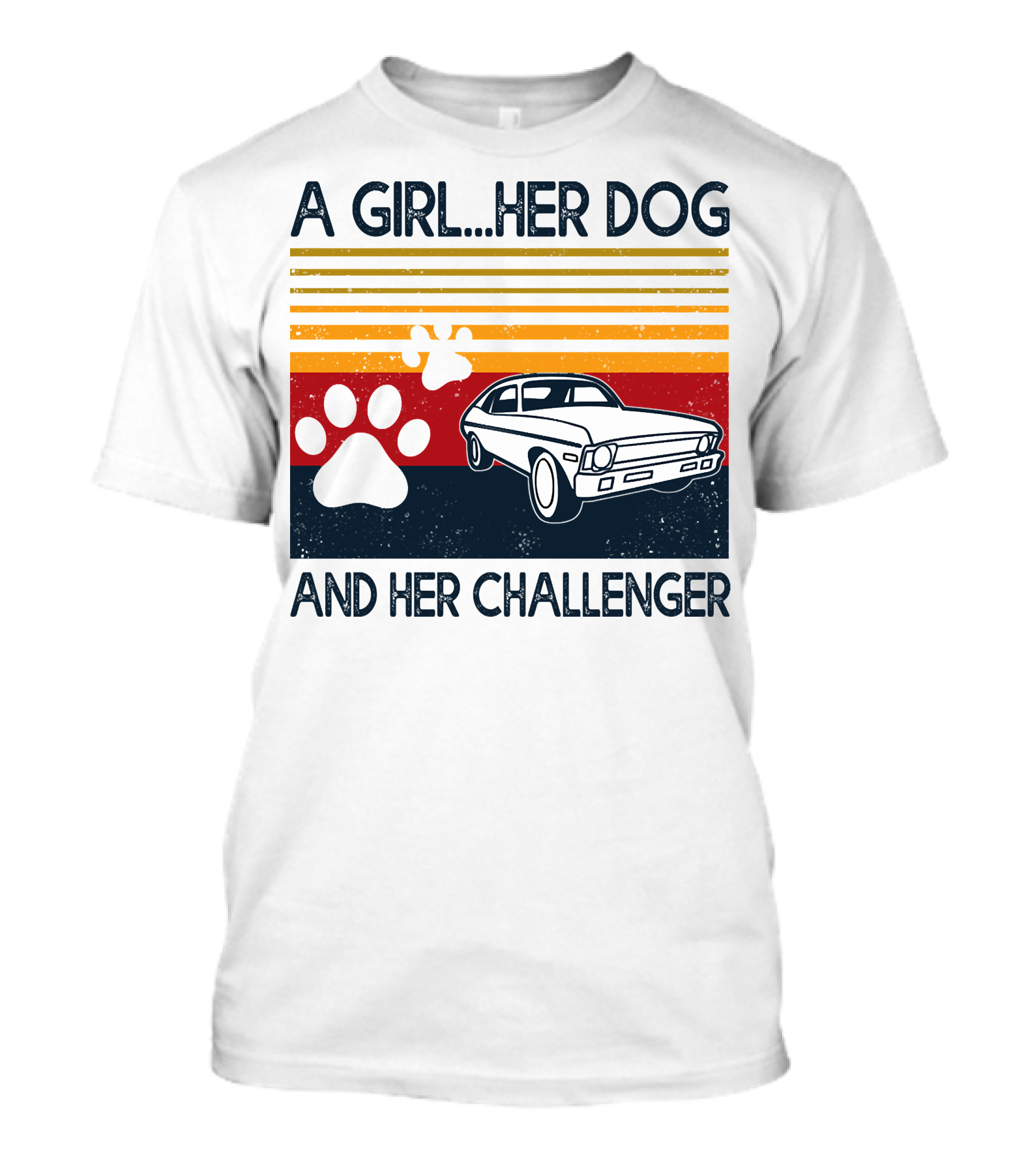 A Girl Her Dog And Her Challenger Vintage Car With Paw Prints T-Shirt