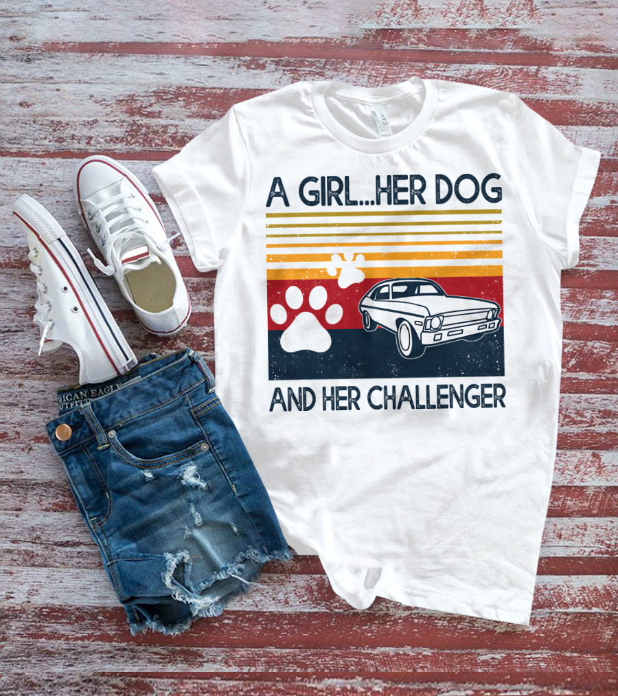 A Girl Her Dog And Her Challenger Vintage Car With Paw Prints T-Shirt