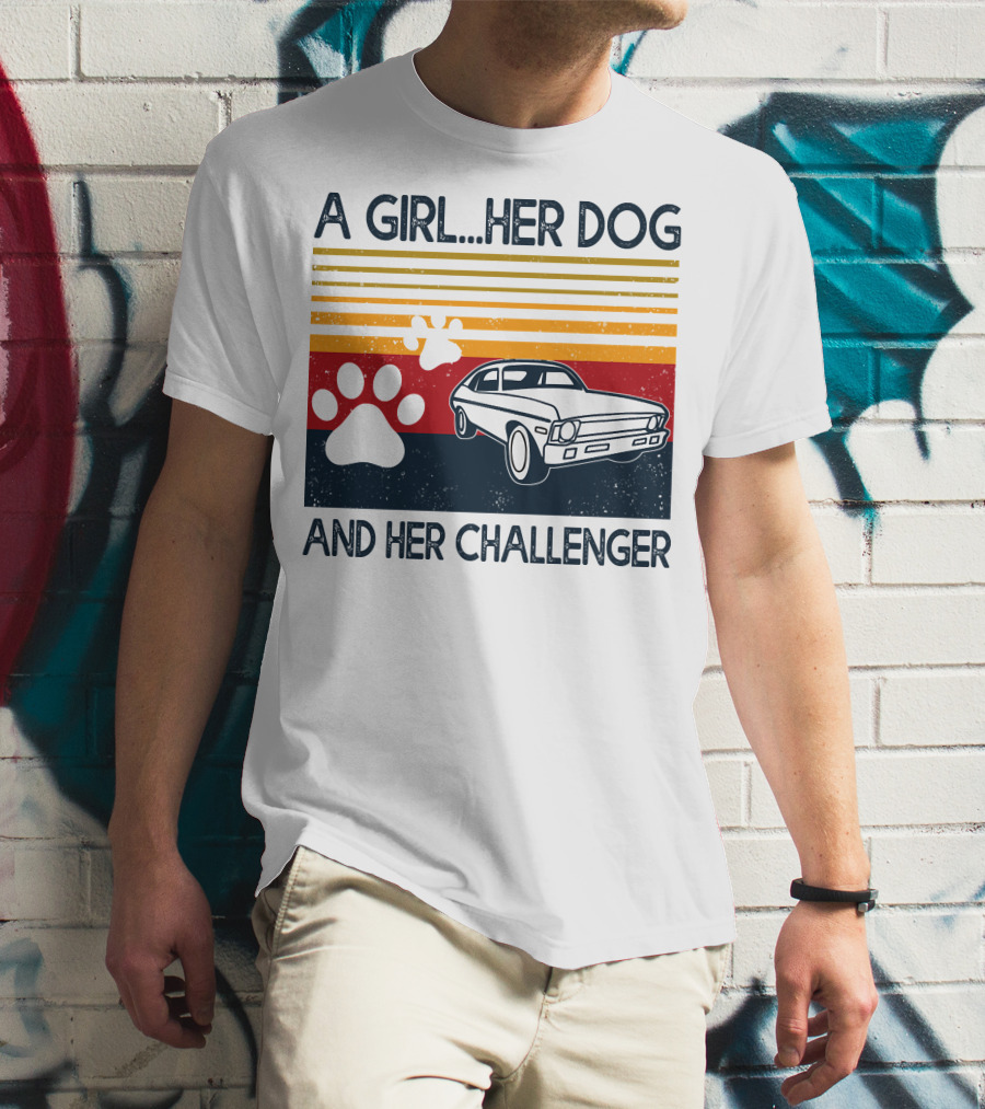 A Girl Her Dog And Her Challenger Vintage Car With Paw Prints T-Shirt