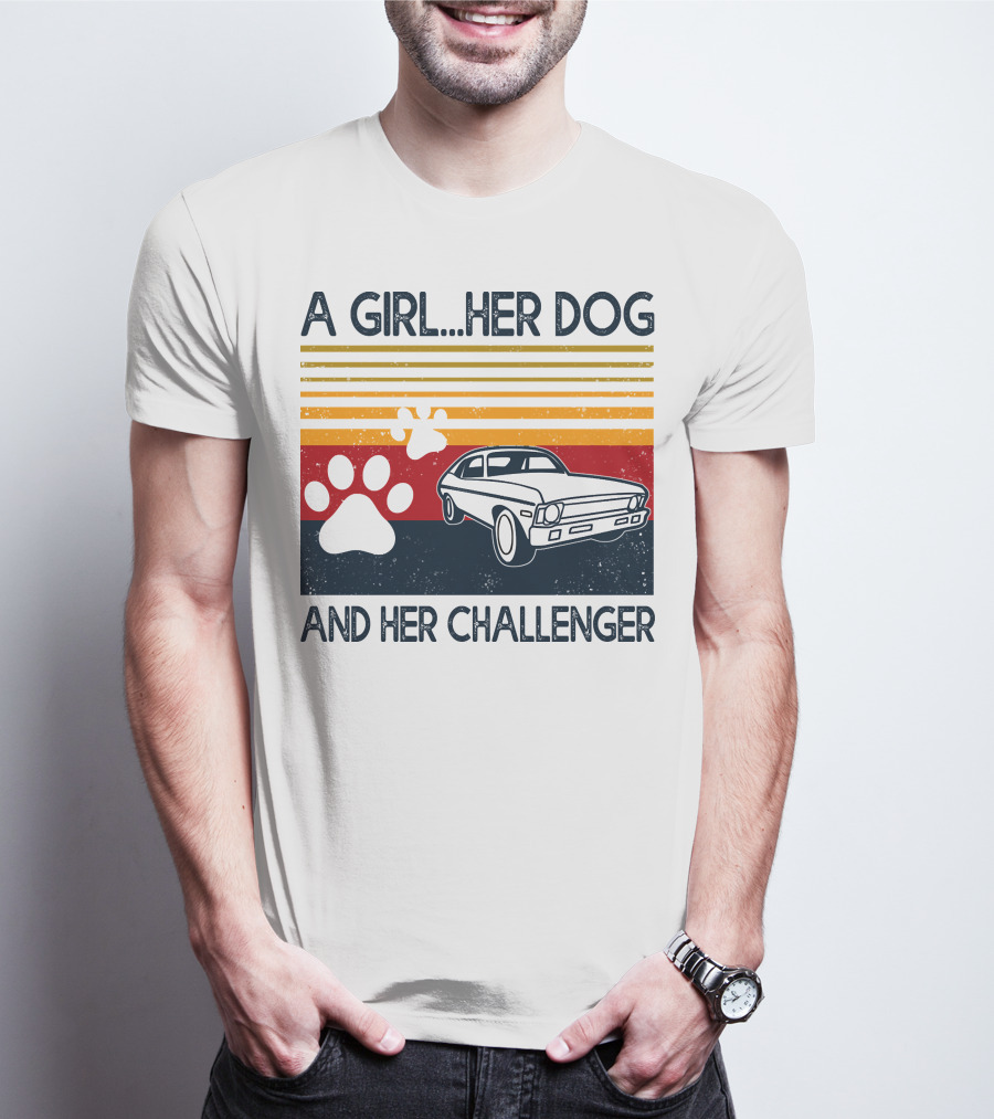 A Girl Her Dog And Her Challenger Vintage Car With Paw Prints T-Shirt
