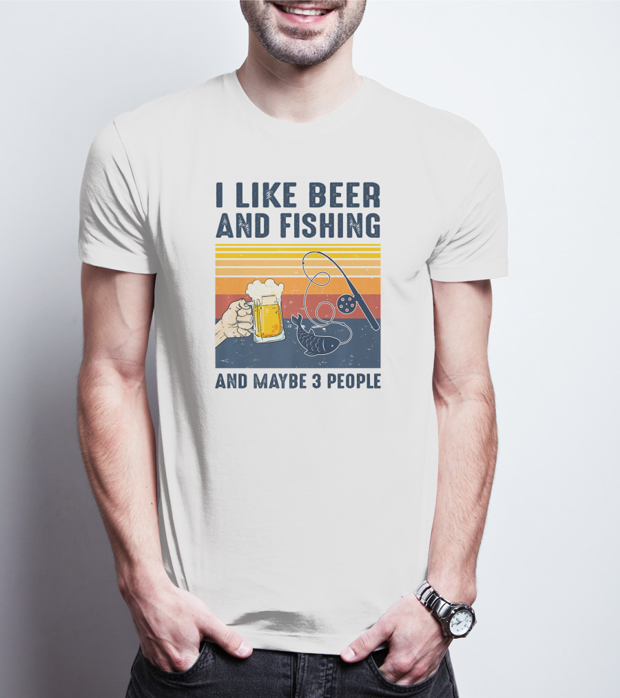 I Like Beer And Fishing And Maybe 3 People Vintage Sunset Beer Mug Fishing Rod T-Shirt