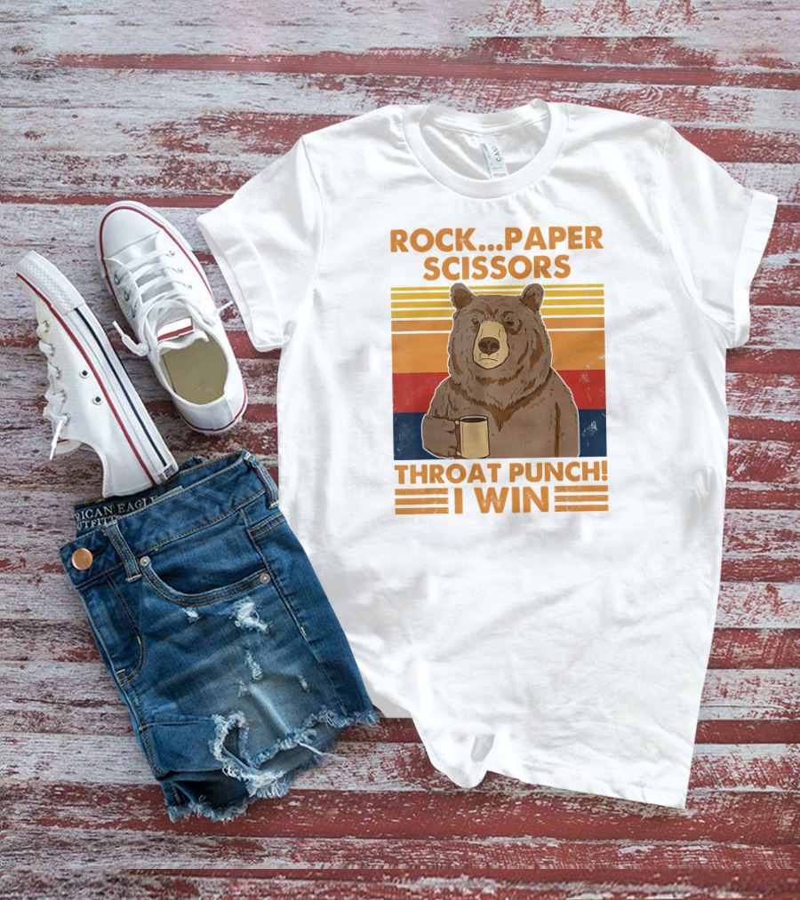 Rock Paper Scissors Throat Punch I Win Funny Bear Retro Style With Coffee Mug T-Shirt
