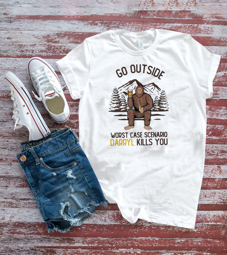 Go Outside Worst Case Scenario Darryl Kills You Bigfoot Holding Beer In Forest Mountain Scene T-Shirt