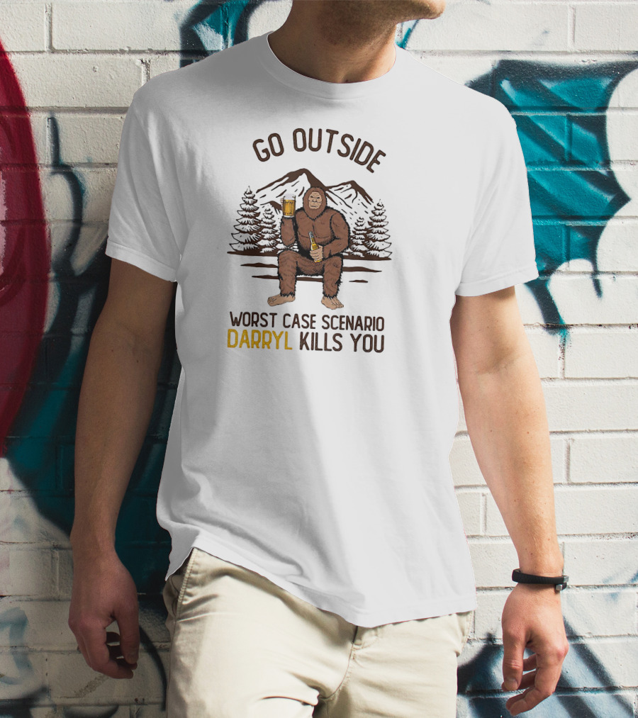 Go Outside Worst Case Scenario Darryl Kills You Bigfoot Holding Beer In Forest Mountain Scene T-Shirt