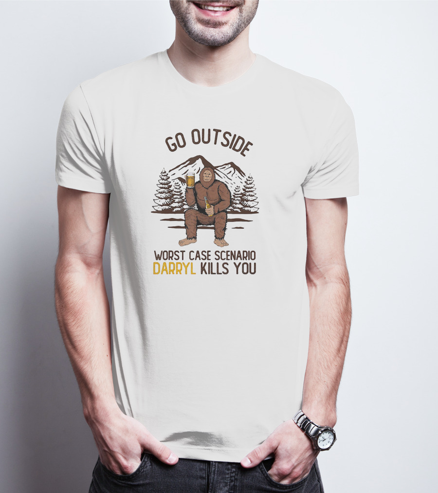 Go Outside Worst Case Scenario Darryl Kills You Bigfoot Holding Beer In Forest Mountain Scene T-Shirt