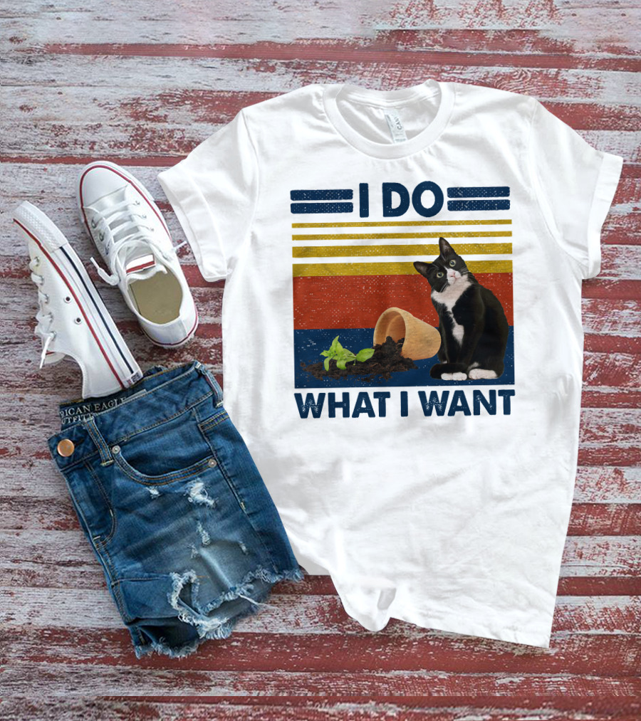Tuxedo Kitty I Do What I Want Retro Stripes Plant Cup Soil T-Shirt