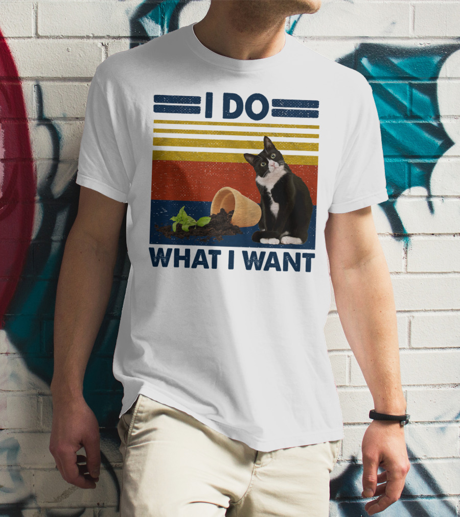 Tuxedo Kitty I Do What I Want Retro Stripes Plant Cup Soil T-Shirt