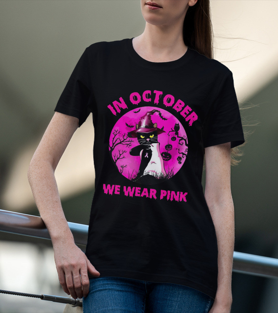 In October We Wear Pink Black Cat Witch Hat Pumpkin Breast Cancer Awareness T-Shirt