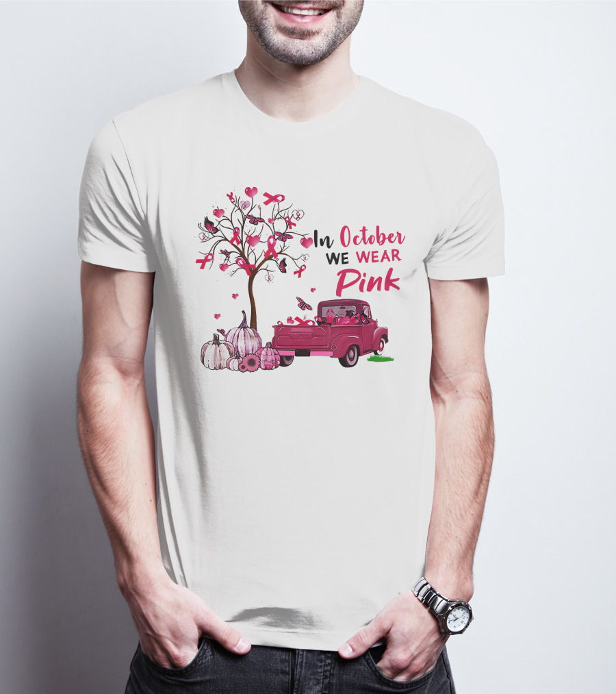 In October We Wear Pink Truck Pumpkins Breast Cancer Awareness T-Shirt