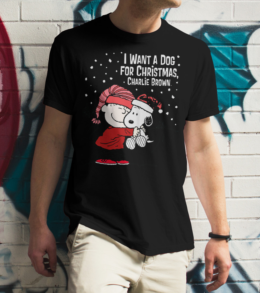 I Want A Dog For Christmas Charlie Brown Snoopy Hugging Linus Snow Scene T-Shirt