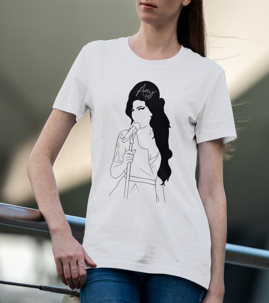 Amy Winehouse Line Art With Signature Mic Pose T-Shirt