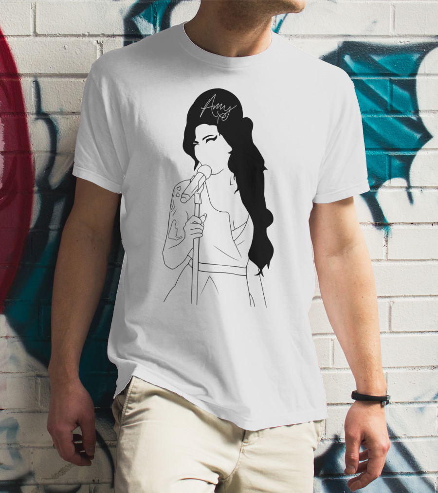 Amy Winehouse Line Art With Signature Mic Pose T-Shirt