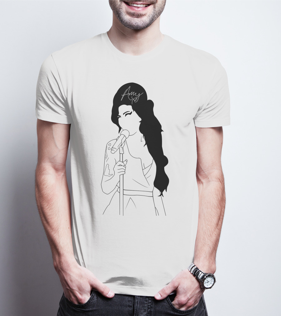 Amy Winehouse Line Art With Signature Mic Pose T-Shirt