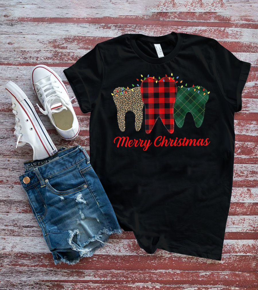 Merry Christmas Teeth Plaid Leopard Pattern With Holiday Lights T-Shirt