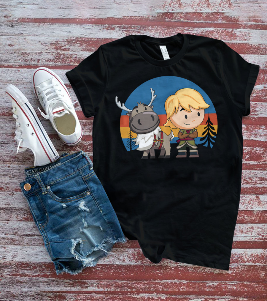 Frozen 2 Chibi Sven And Kristoff Retro Sunset Scene T-Shirt