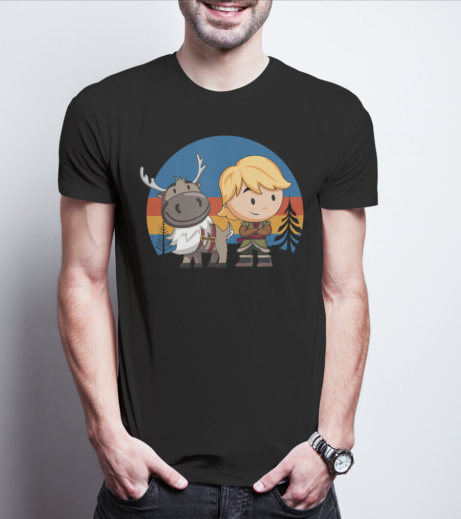Frozen 2 Chibi Sven And Kristoff Retro Sunset Scene T-Shirt